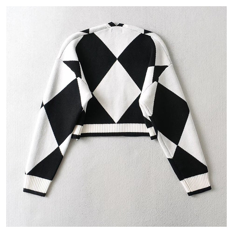 Vintage diamond plaid sweater with exposed navel and waistband 7193