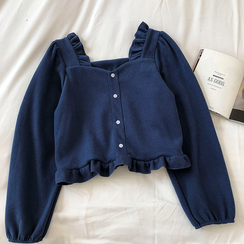 Corduroy Ruffle square collar collarbone short shirt 6246