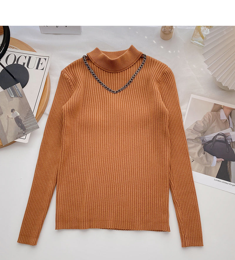 Design sense knitwear stand collar chain long sleeve top 6527