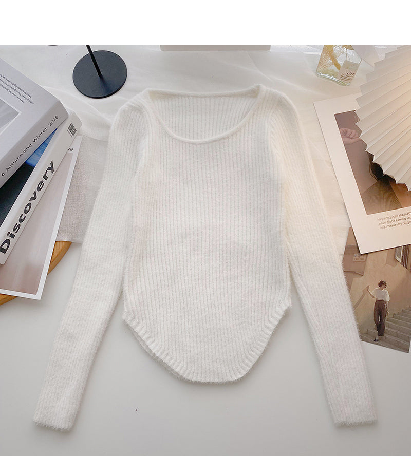 Design sense knitwear short irregular long sleeve top 6614