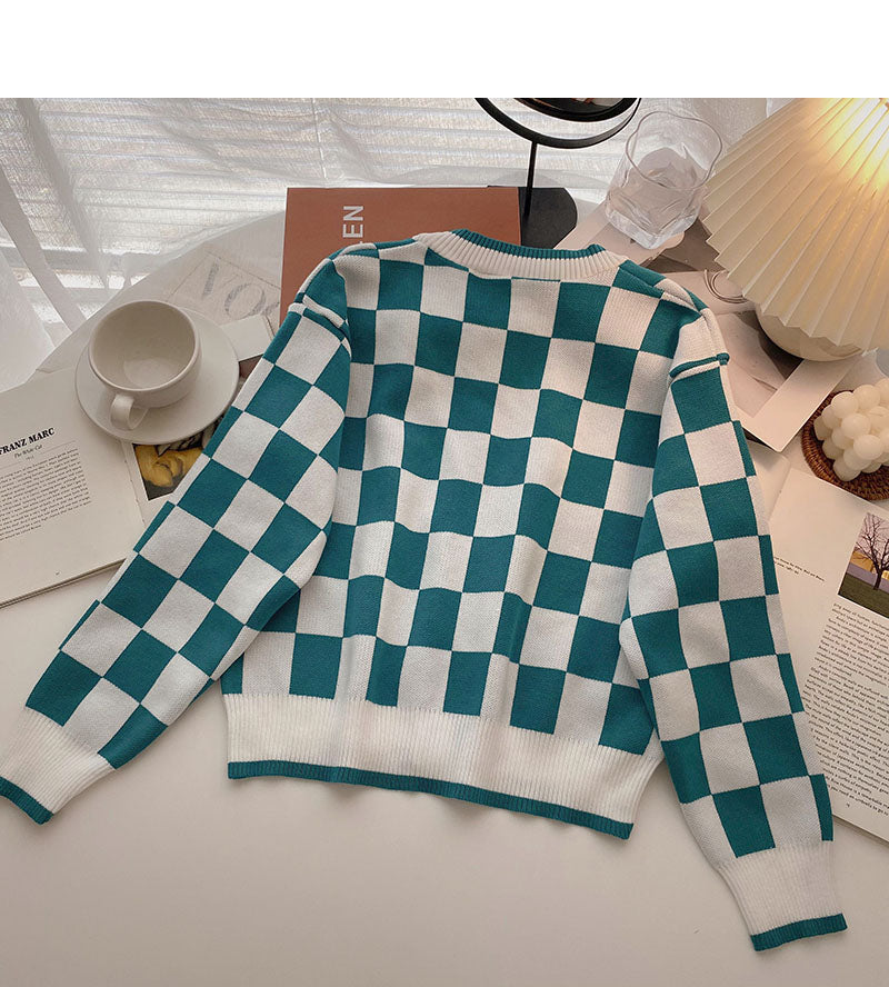 Korean retro versatile casual V-Neck long sleeve Plaid top 6559