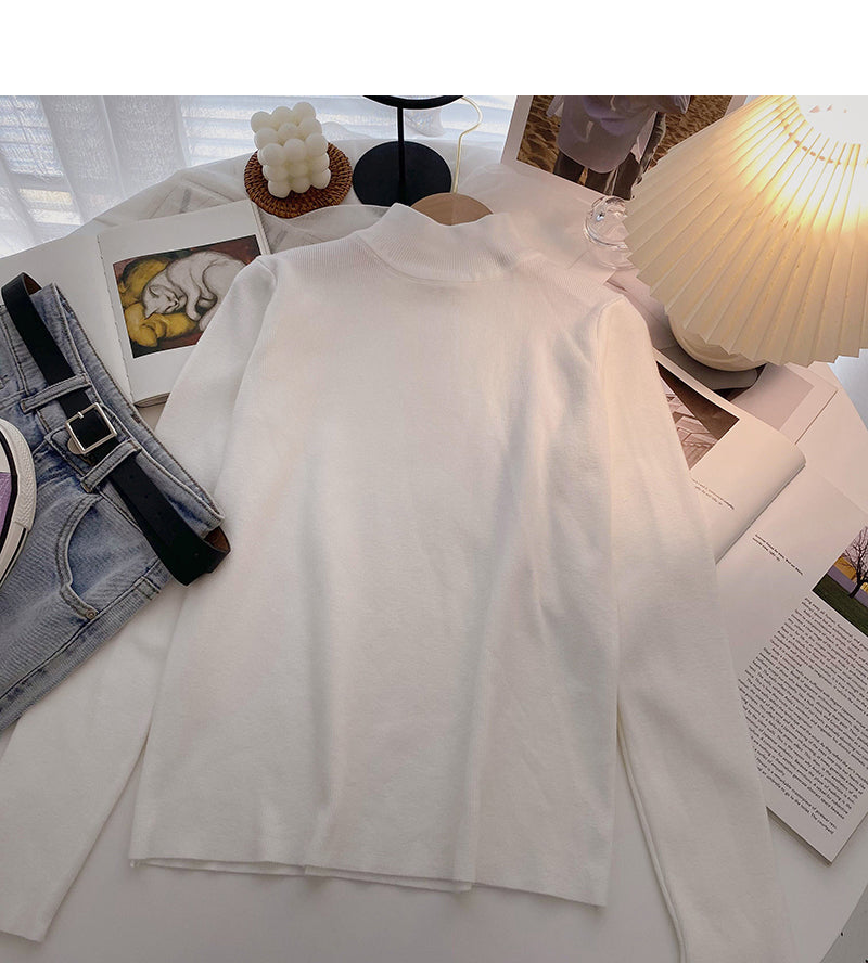 Solid color simple and versatile stand collar Pullover long sleeve Knitted Top 6655