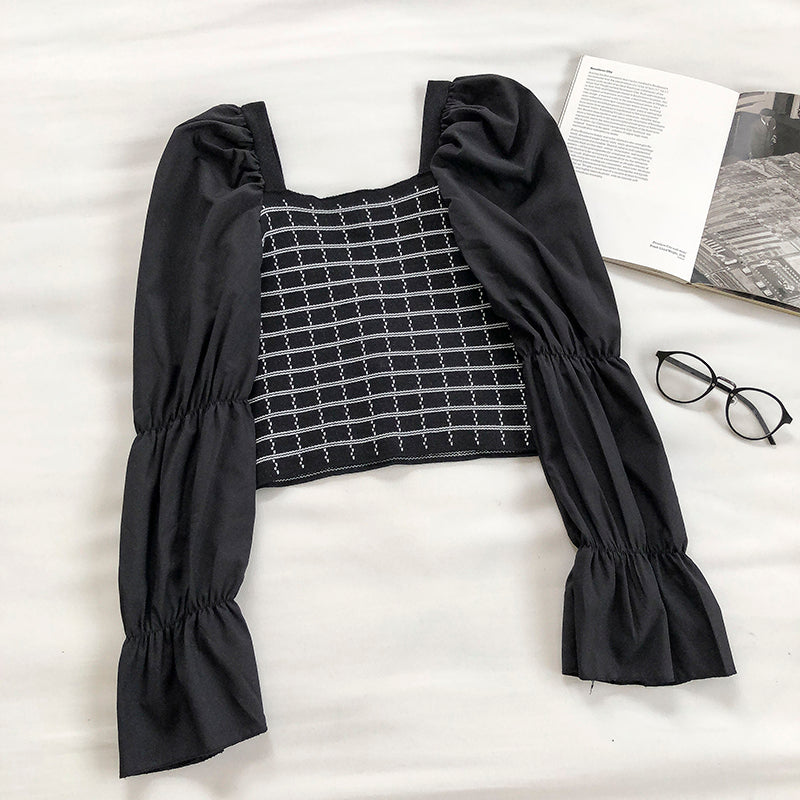 Slim fit Plaid stitched bubble sleeve square neck blouse 6243