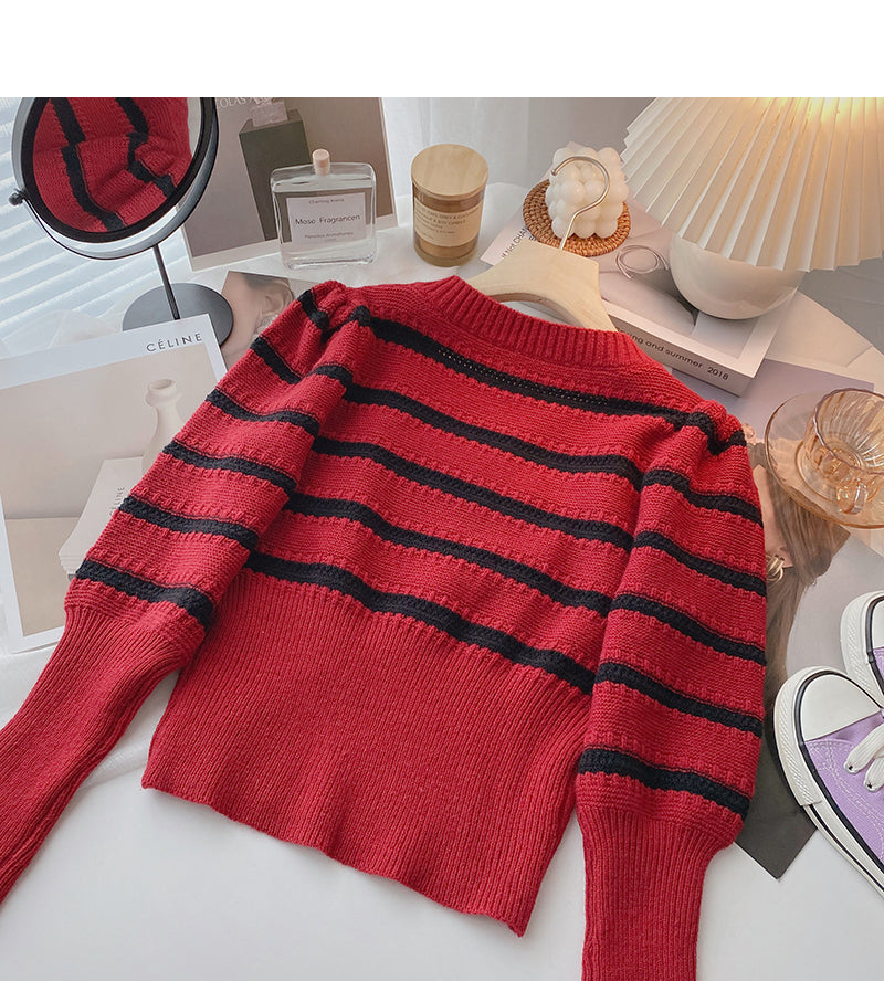 Striped Vintage square neck T-shirt short temperament top 6548