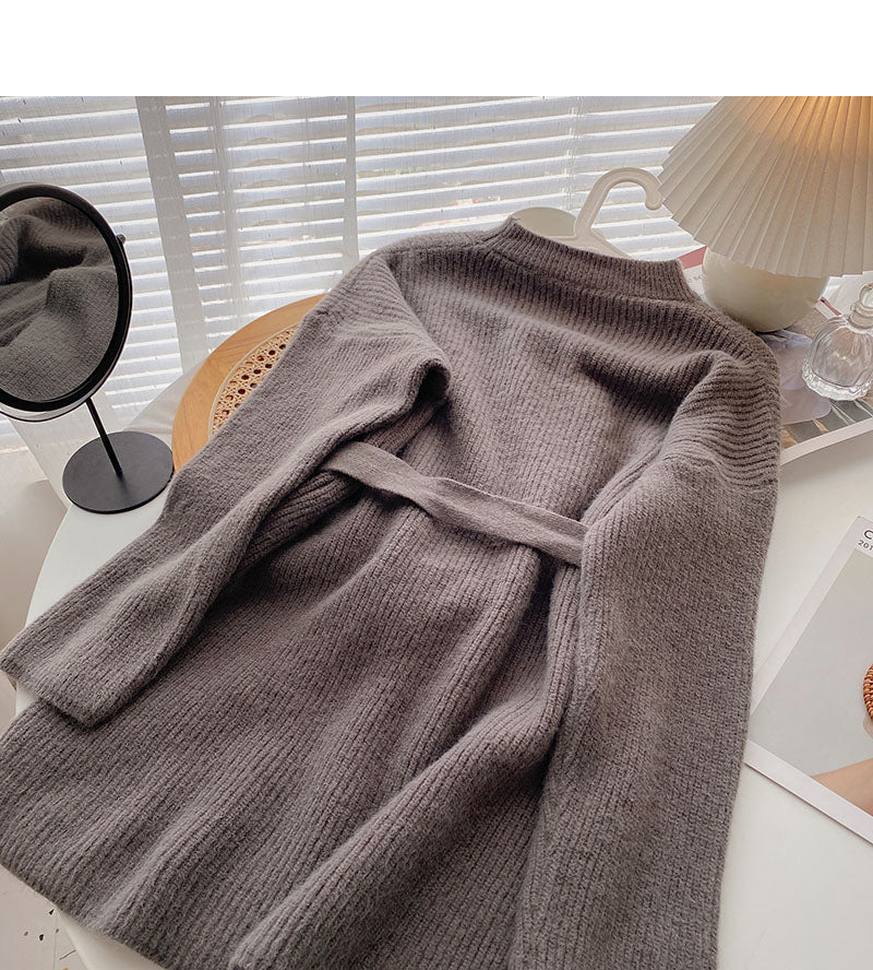 Design sense temperament loose and thin round neck top with belt 5931