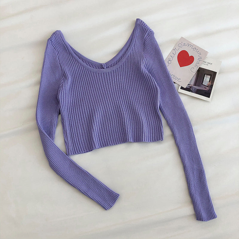Solid color two wear long sleeve leaky clavicle sweater 6463