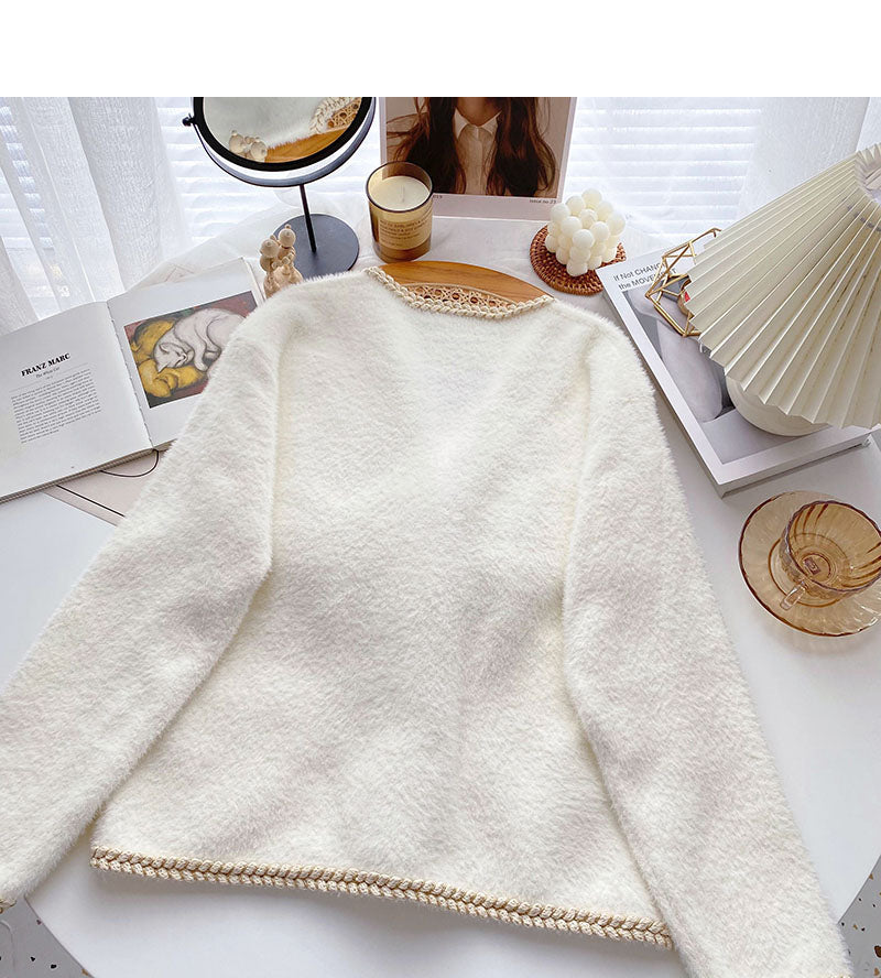 Small fragrance sweater design sense twist V-Neck long sleeve coat 6112