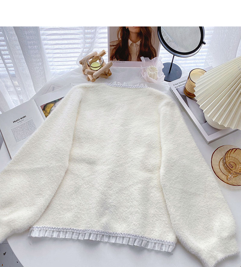 Haut à manches longues et col rond avec bordure en dentelle de style français 6049