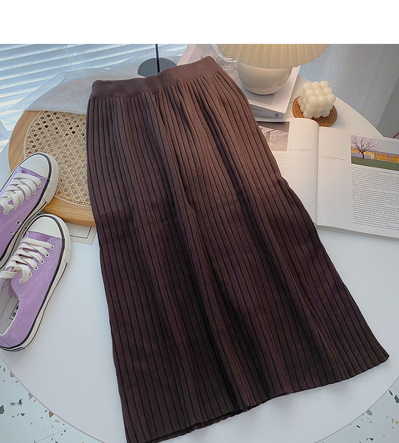 Simple solid color high waist knitted thread A-line skirt 5750