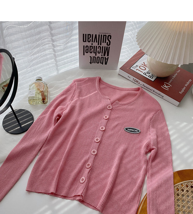 Cardigan simple boutonnage à manches longues et col rond fin en tricot 6530