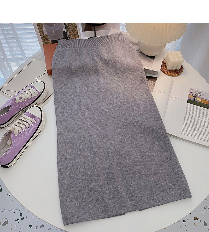 Hong Kong Style thin high waist split A-shaped medium and long skirt 5770