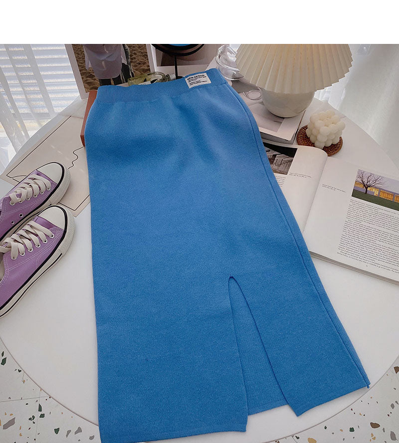 Korean version of A-line skirt with a high waist and a fork 5760