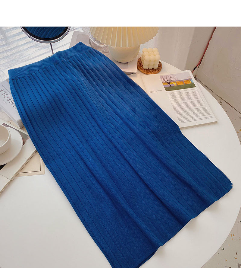 Simple and versatile thread knitted high waist split A-line skirt 5752