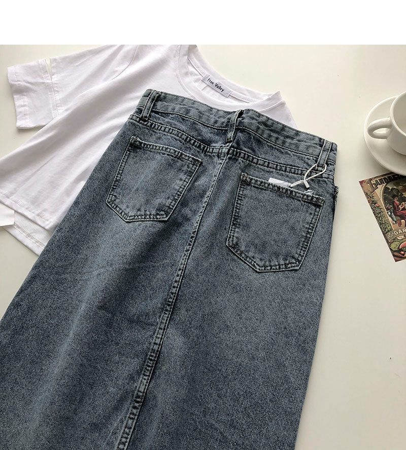 New women's Korean retro denim high waist A-line skirt 5691