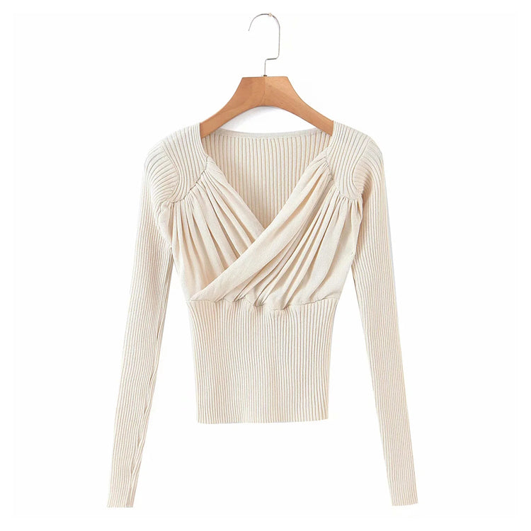 Bas plissé à col en V pour femme en tricot ajusté et slim 7228