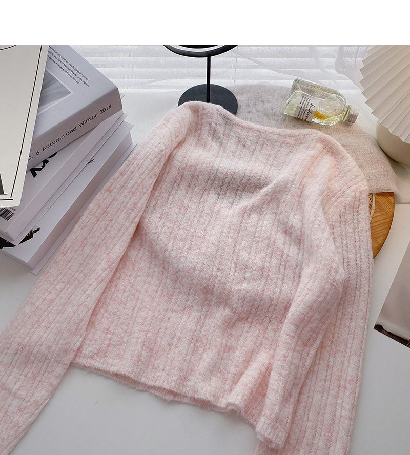 Korean small short long sleeve V-neck knitted cardigan 6493