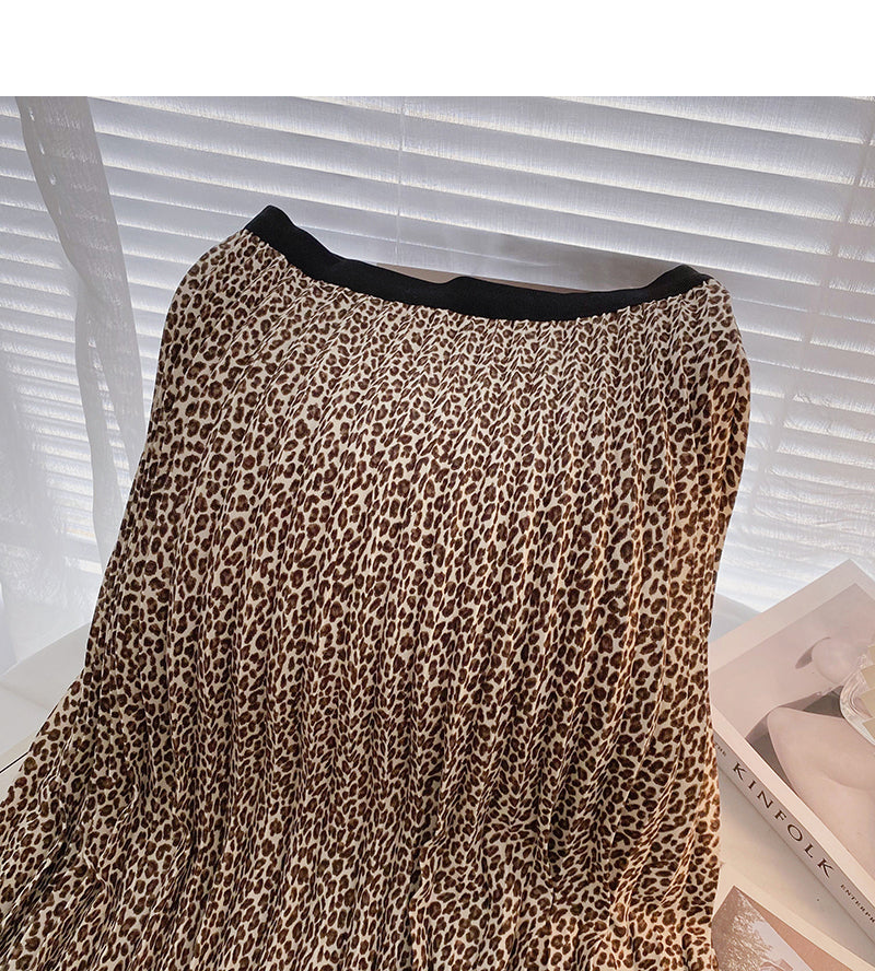 Hong Kong style retro leopard print thin pleated A-line skirt 5744