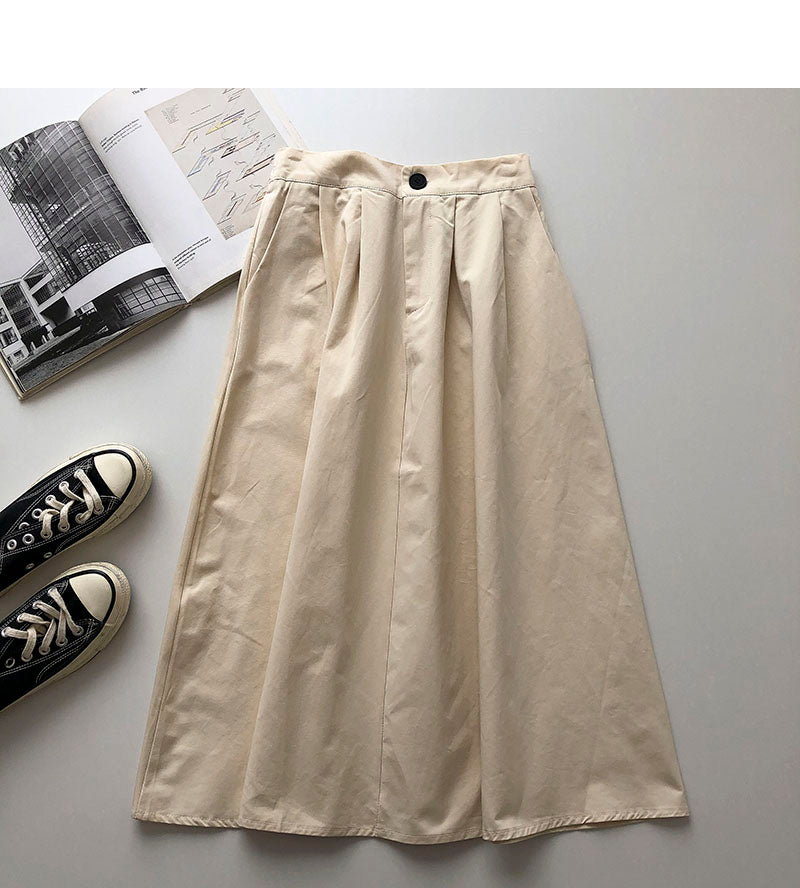 Solid Hong Kong style leisure high waist A-shaped medium and long skirt 5693