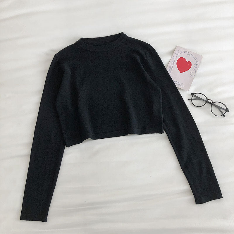Solid color simple sweater long sleeve Pullover Top 6456
