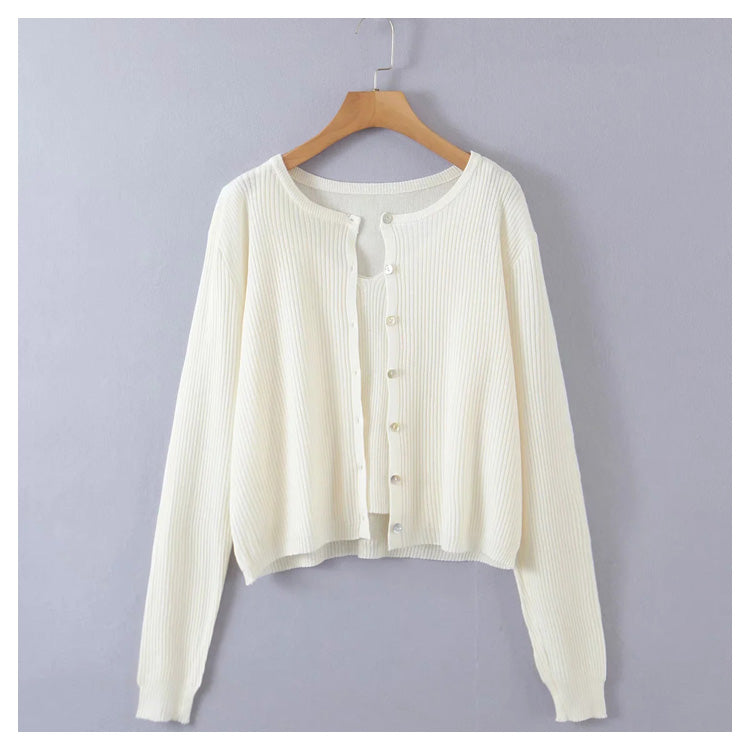 V-neck suspender T-shirt button long sleeve cardigan two piece set 7275