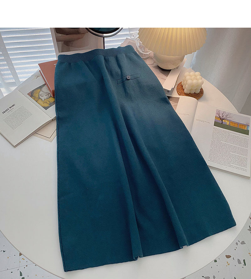 Casual retro solid high waist versatile Knit Skirt 5774