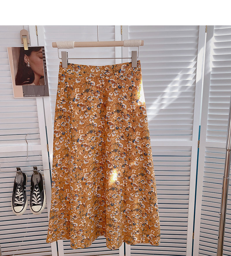 Sweet high waist floral mid length skirt design 5800