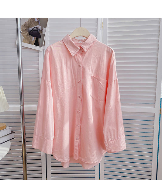 Long sleeve solid color shirt casual loose cardigan top  6426