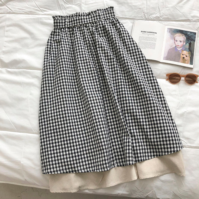 Retro literary small Plaid stitching design bow high waist skirt 5676