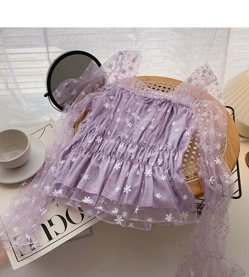 Gauze floral long sleeve square neck slim short blouse 6261