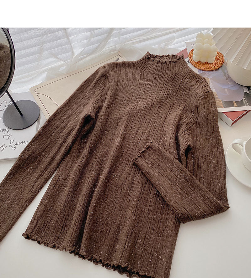 Pull en soie brillante coupe slim à manches longues et col montant coréen 6664