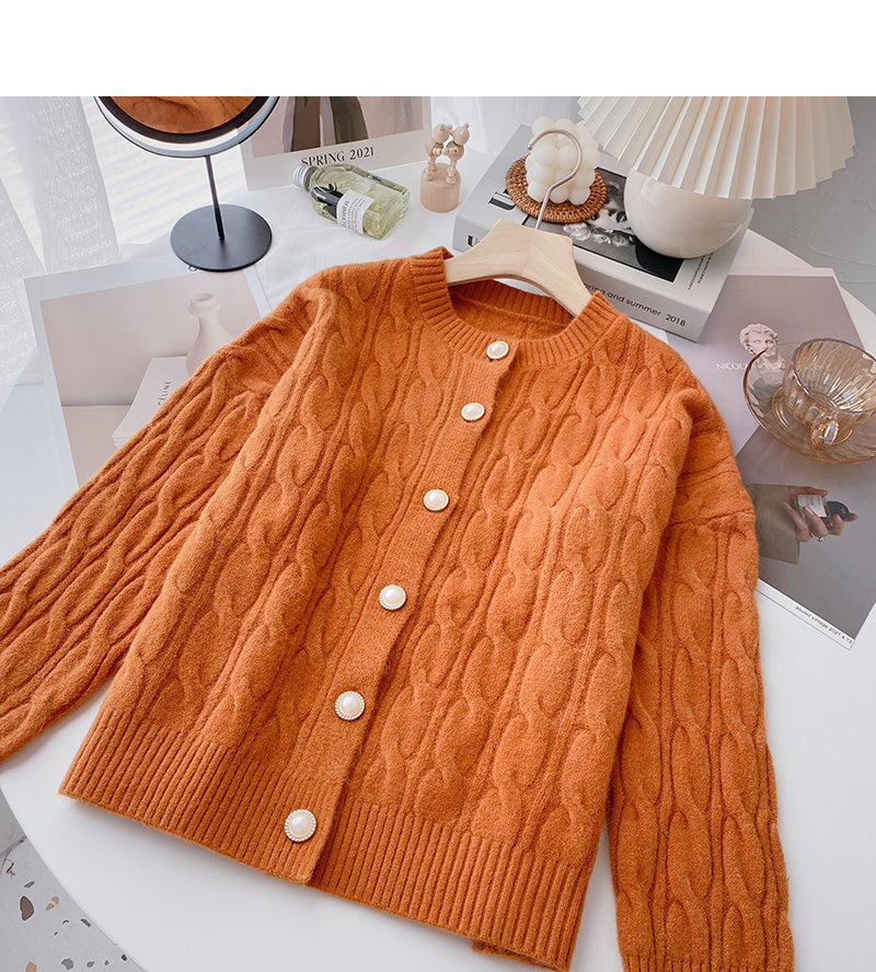 Single breasted crew neck solid twist sweater coat 6175
