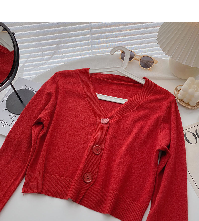 Long sleeve V-neck short T-shirt solid small coat 6442