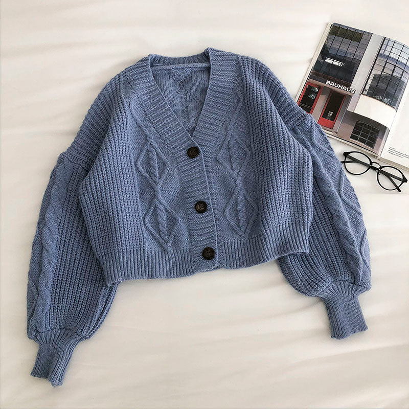 Loose coat women's long sleeve retro three button sweater 5836
