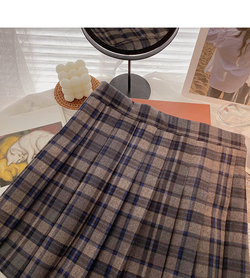 Retro age reducing versatile student A-shaped high waist plaid skirt 5473