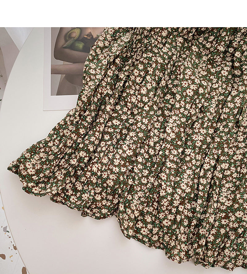 Hong Kong style retro floral high waist elastic A-shaped large swing skirt 5738