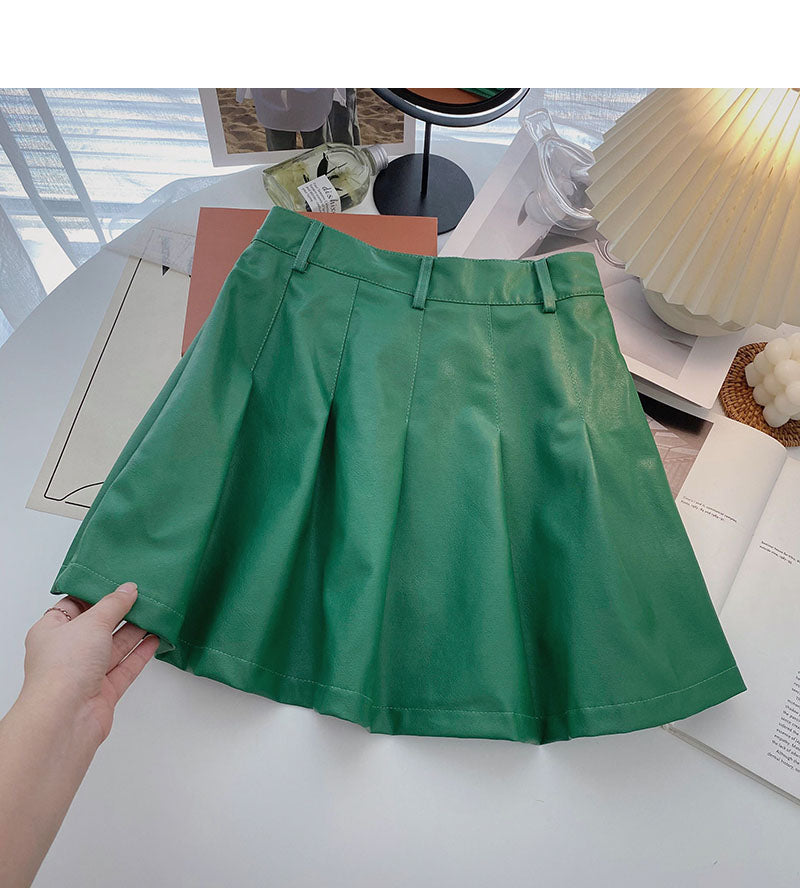 Korean slim fashion age reducing high waist pleated leather skirt 5461