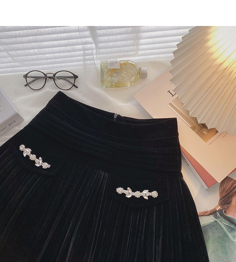 Golden velvet skirt, small design, decorative high waist A-line skirt 5334