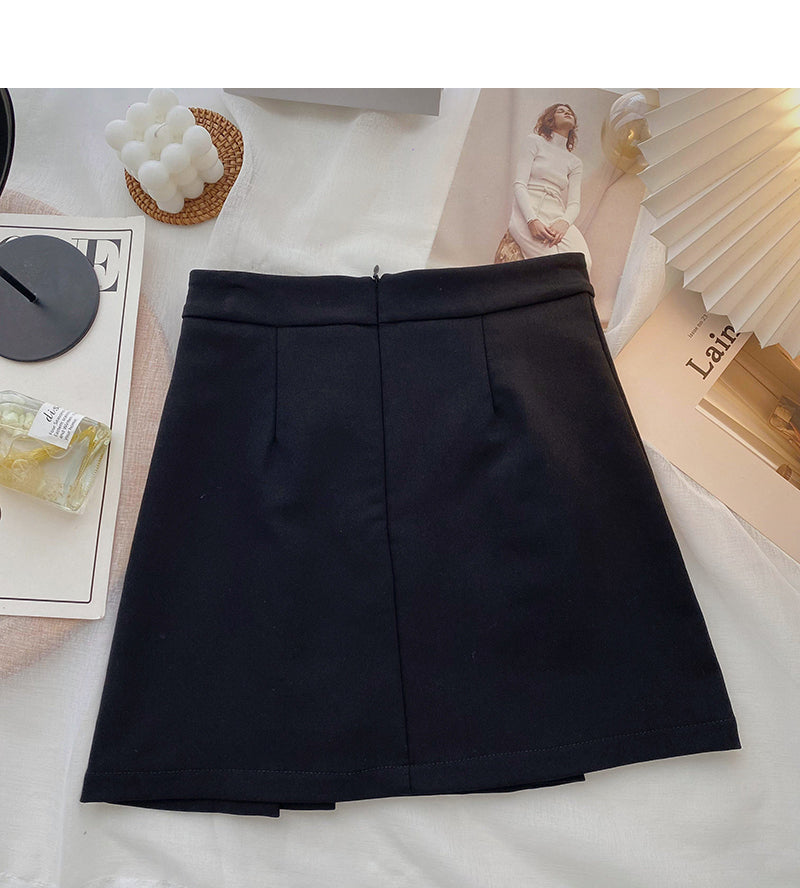 Korean retro simple double row button high waist pleated skirt 5498