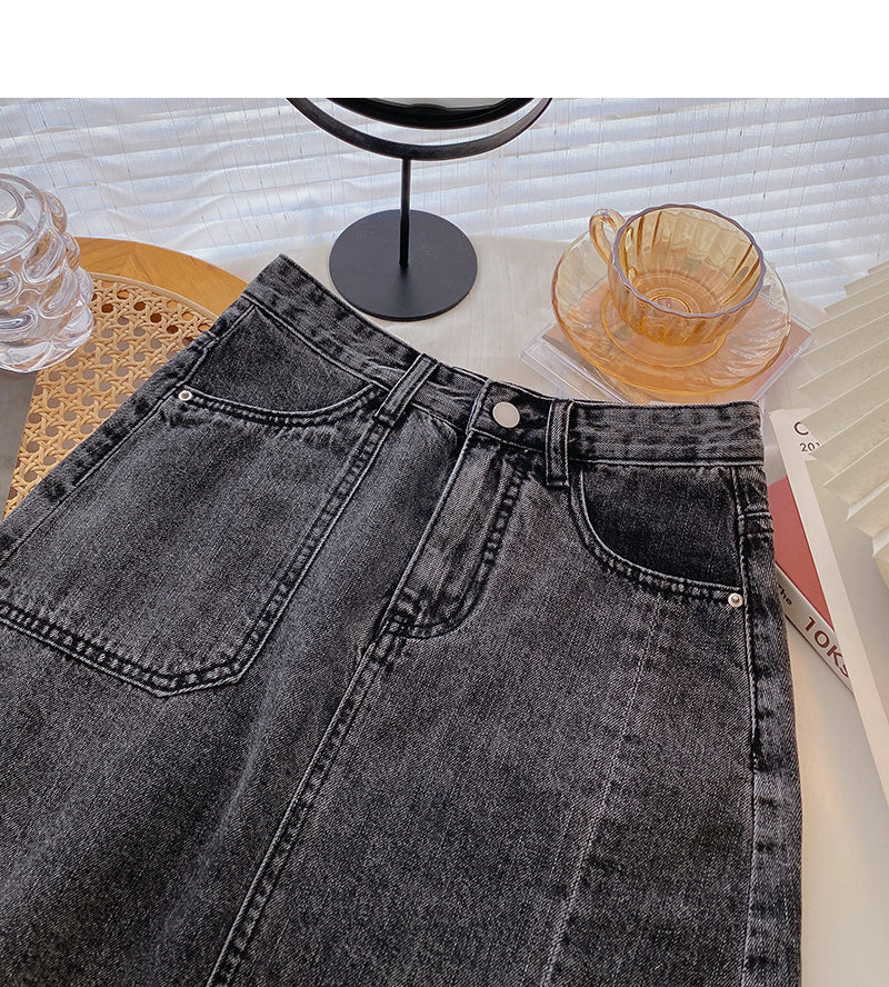Denim skirt solid split high waist A-line skirt 5358