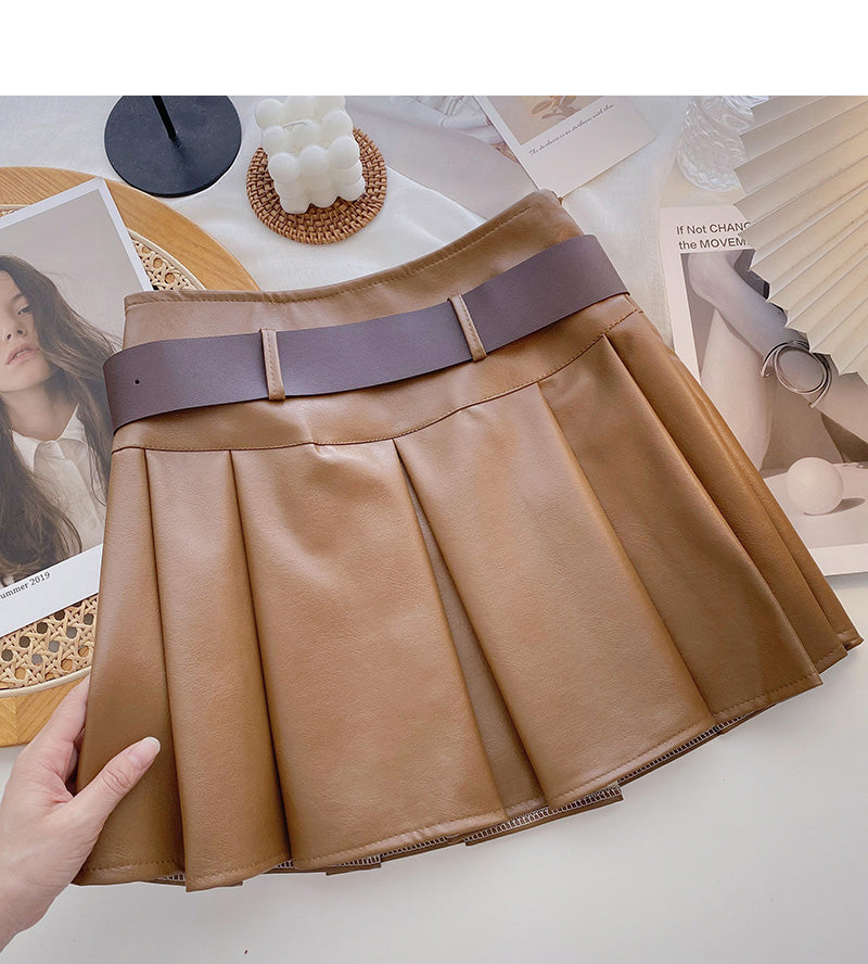 Age reducing pleated high waist A-line skirt with belt 5482