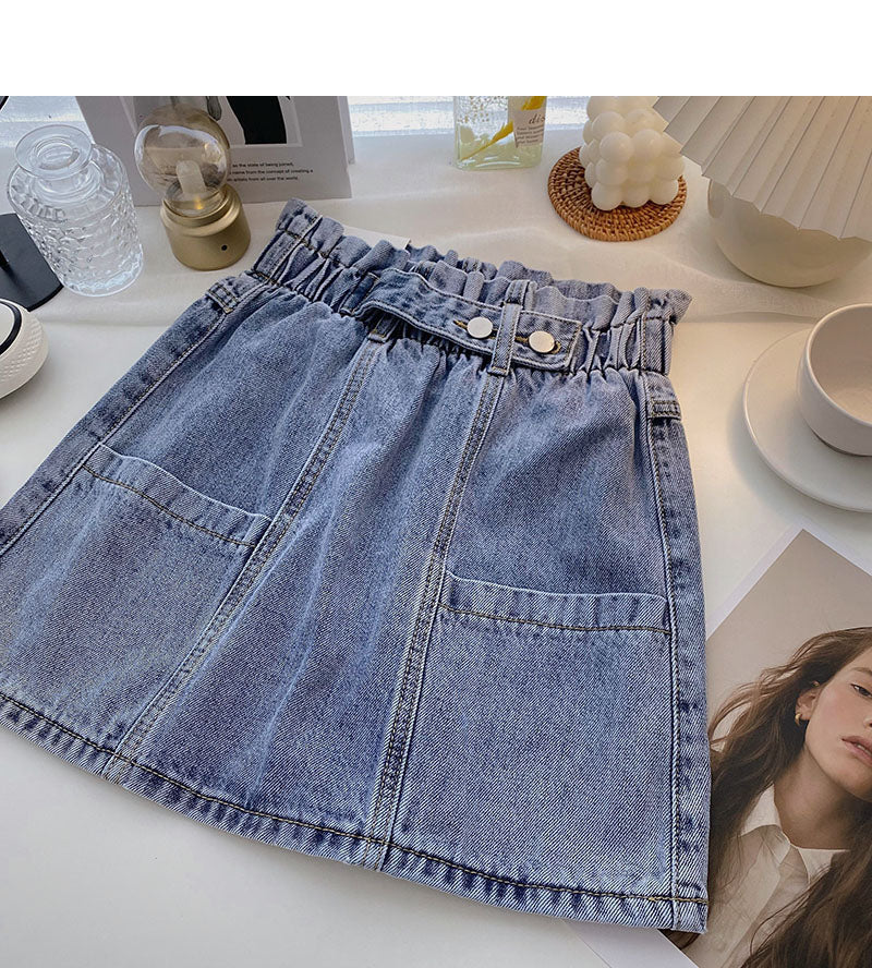 Versatile slim elastic waist denim Vintage A-line skirt 5340