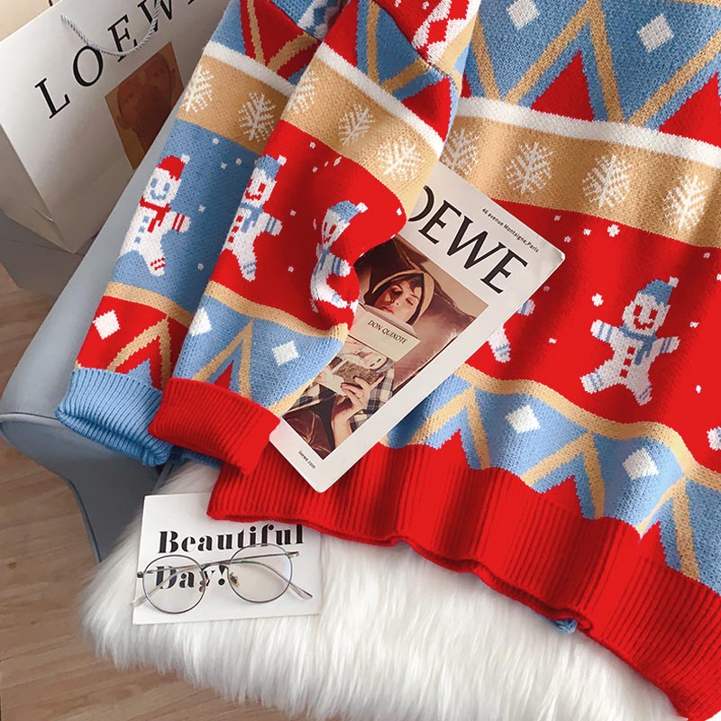 Red Christmas style crew neck sweater sweater sweater top 5132