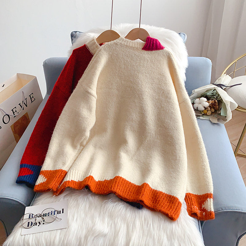 College style contrast round neck sweater new top 5167