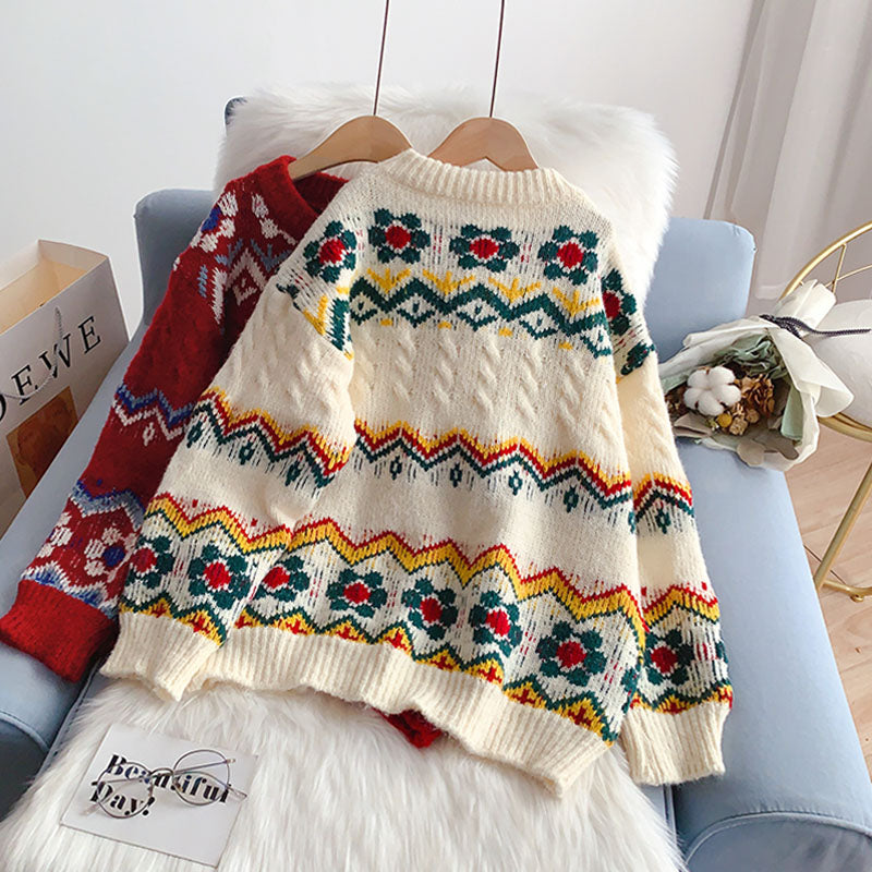 Vintage jacquard red sweater coarse wool sweater top 5134