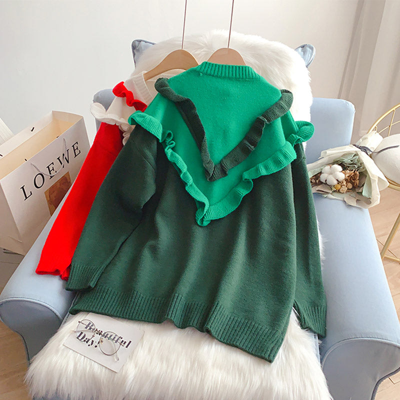 Ruffled V-Neck Sweater aging Knitted Top 5251