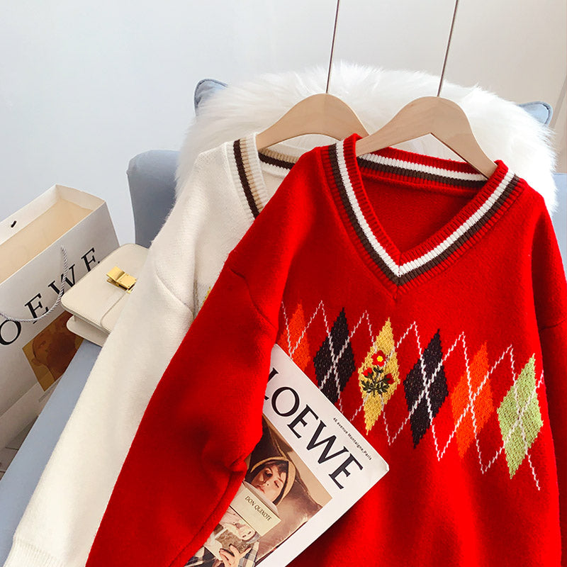 Ling Ge retro V-Neck Sweater sweater sweater top 5201