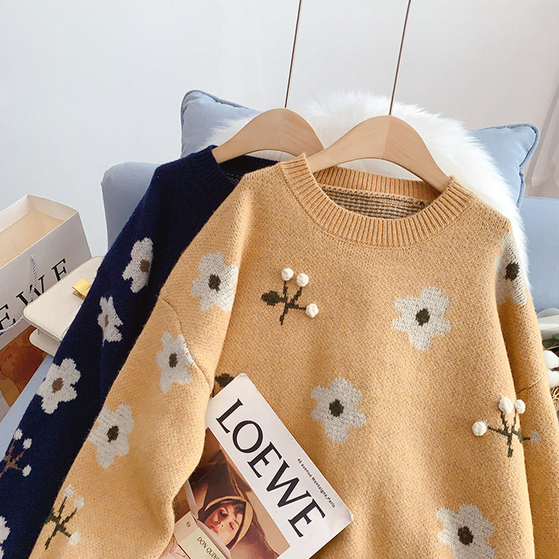 Vintage flower sweater round neck jacquard sweater 5207