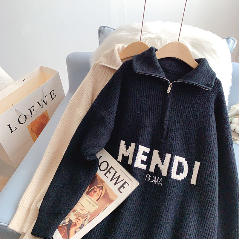 Design high neck zipper sweater Lapel sweater 5212