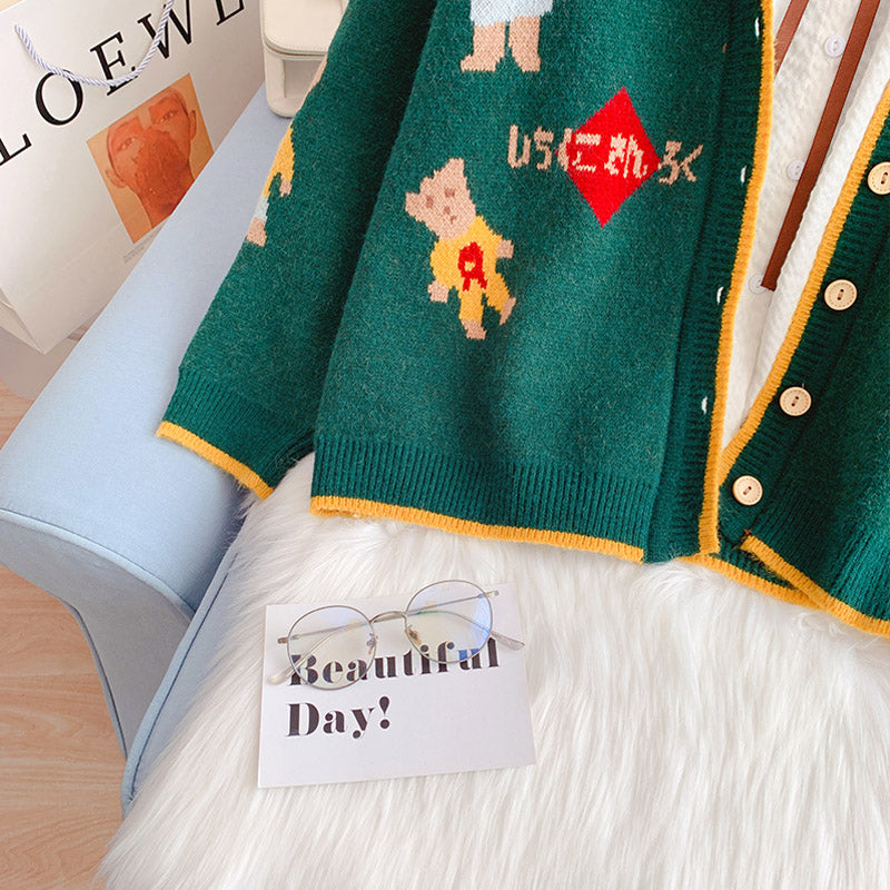 Pullover-Cardigan mit kleinem Bären Strickjacke mit V-Ausschnitt 5064