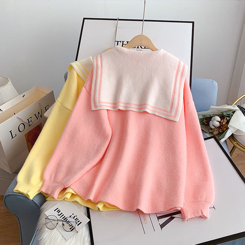 Navy collar sweater aging Knitted Top 5094